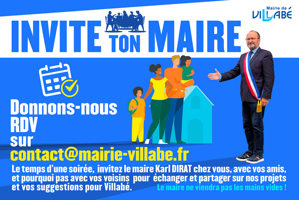 Le temps d’une soirée, invitez le maire Karl DIRAT chez vous, avec vos amis, et pourquoi pas avec vos voisins pour échanger et partager sur nos projets et vos suggestions pour Villabé.